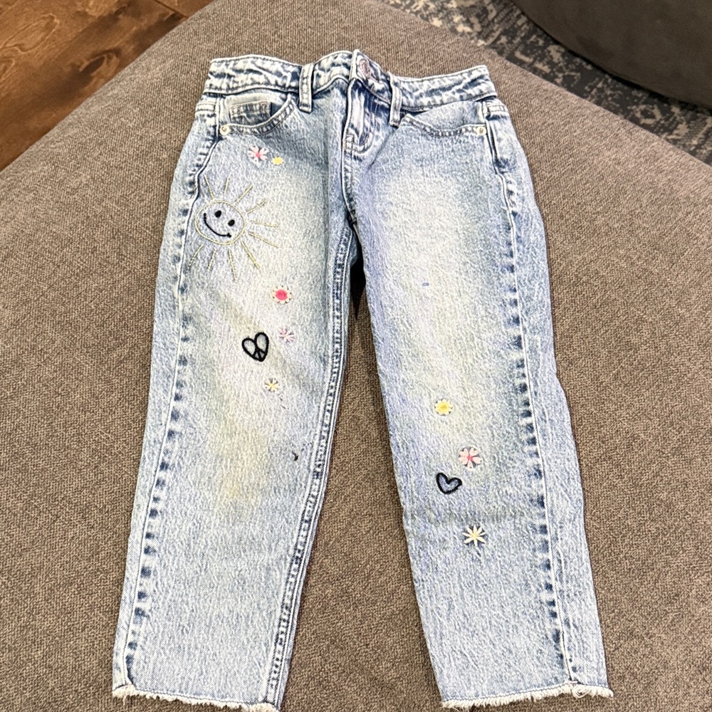 Cat & Jack Blue Ankle Straight Leg Jeans with Playful Embroidered Designs
